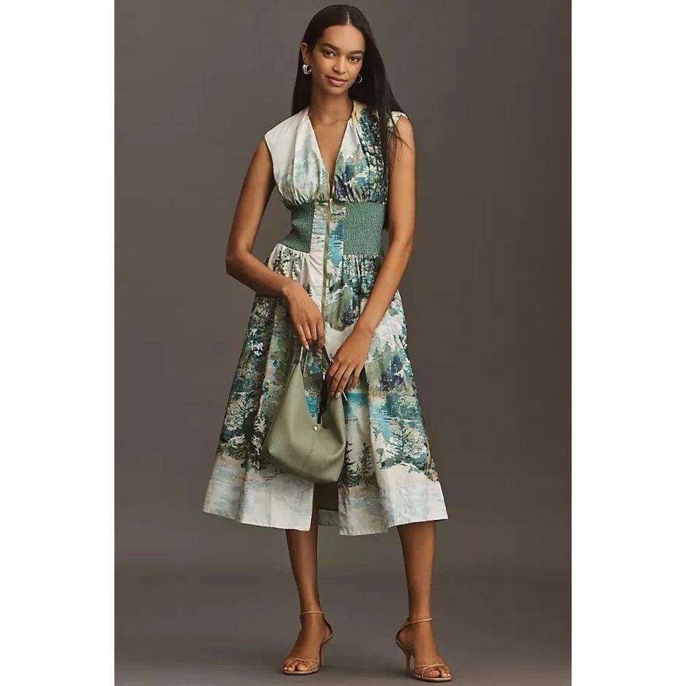 Anthropologie Green Blue Printed Midi Dress